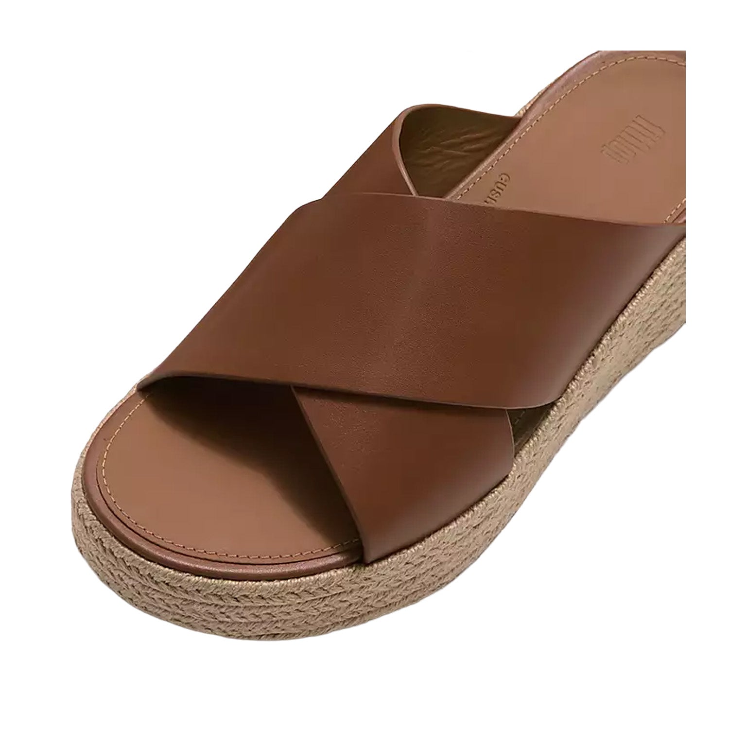 Brown leather platform espadrille wedge slide sandal with wide crossover straps