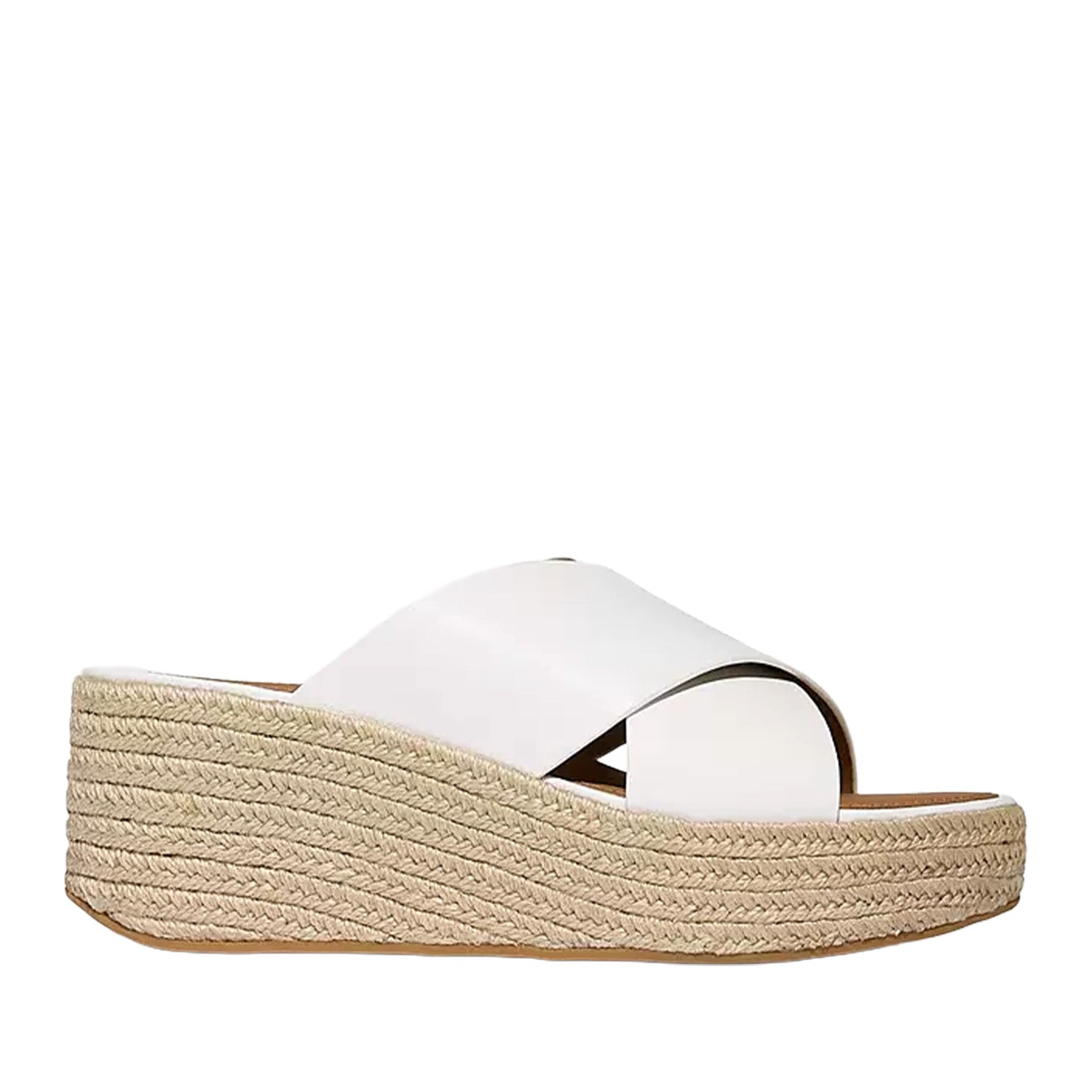 White leather platform espadrille wedge slide sandal with wide crossover straps