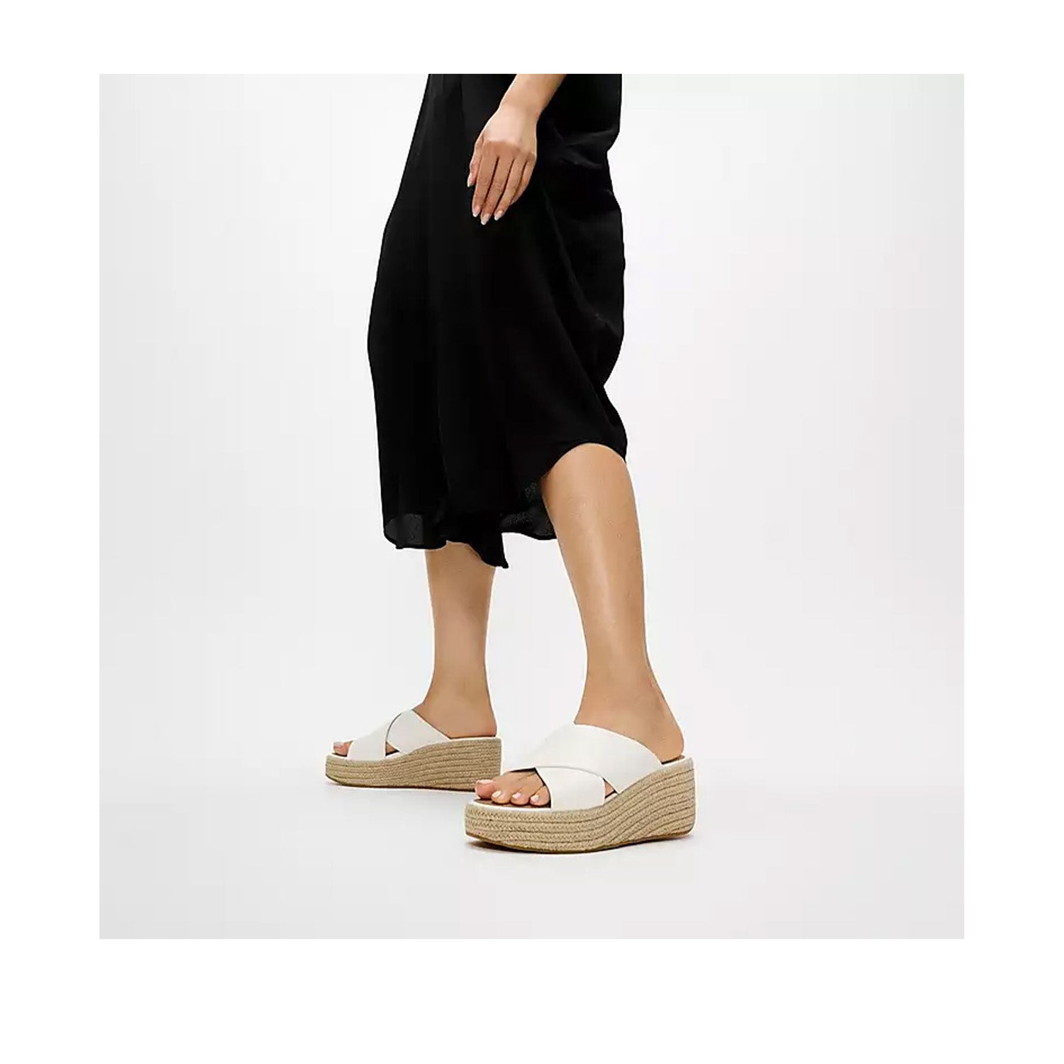 White leather platform espadrille wedge slide sandal with wide crossover straps