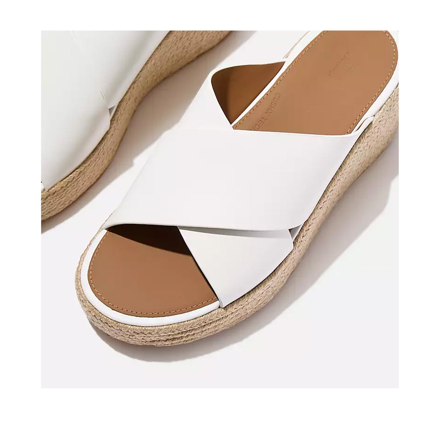 White leather platform espadrille wedge slide sandal with wide crossover straps