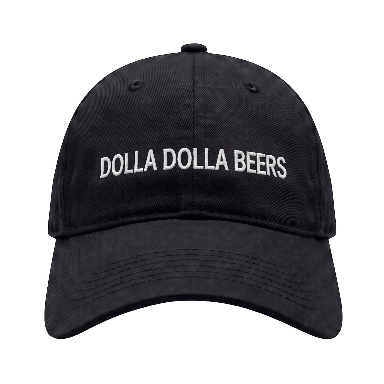 Embroidered black hat with "Dolla Dolla Beers" on a white background