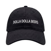 Embroidered black hat with "Dolla Dolla Beers" on a white background