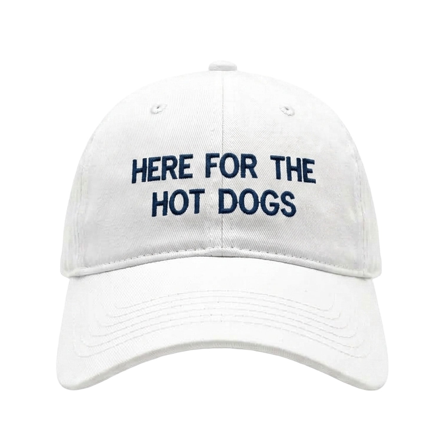 Embroidered white hat with "Here for the hot dogs" on a white background