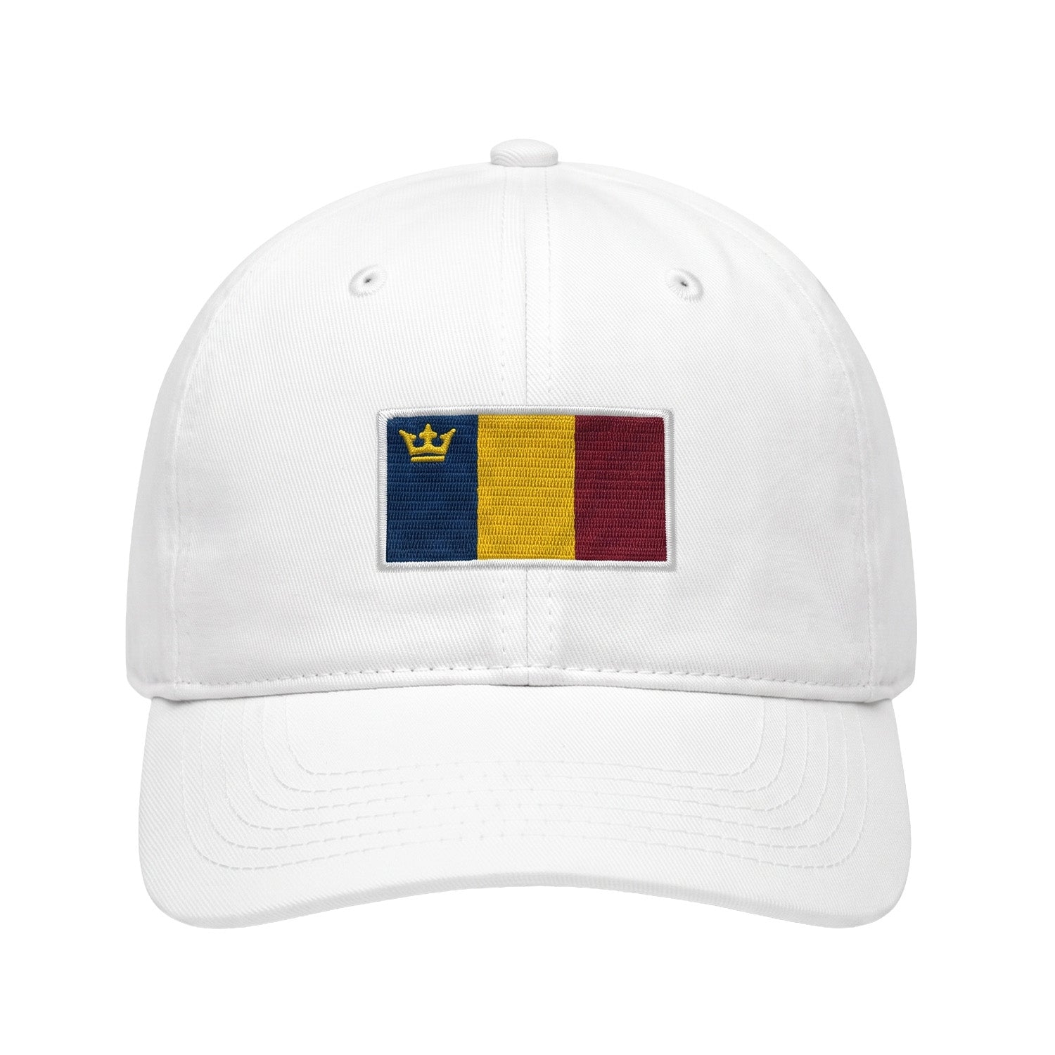 Embroidered white hat with QU flag on a white background