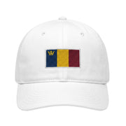Embroidered white hat with QU flag on a white background