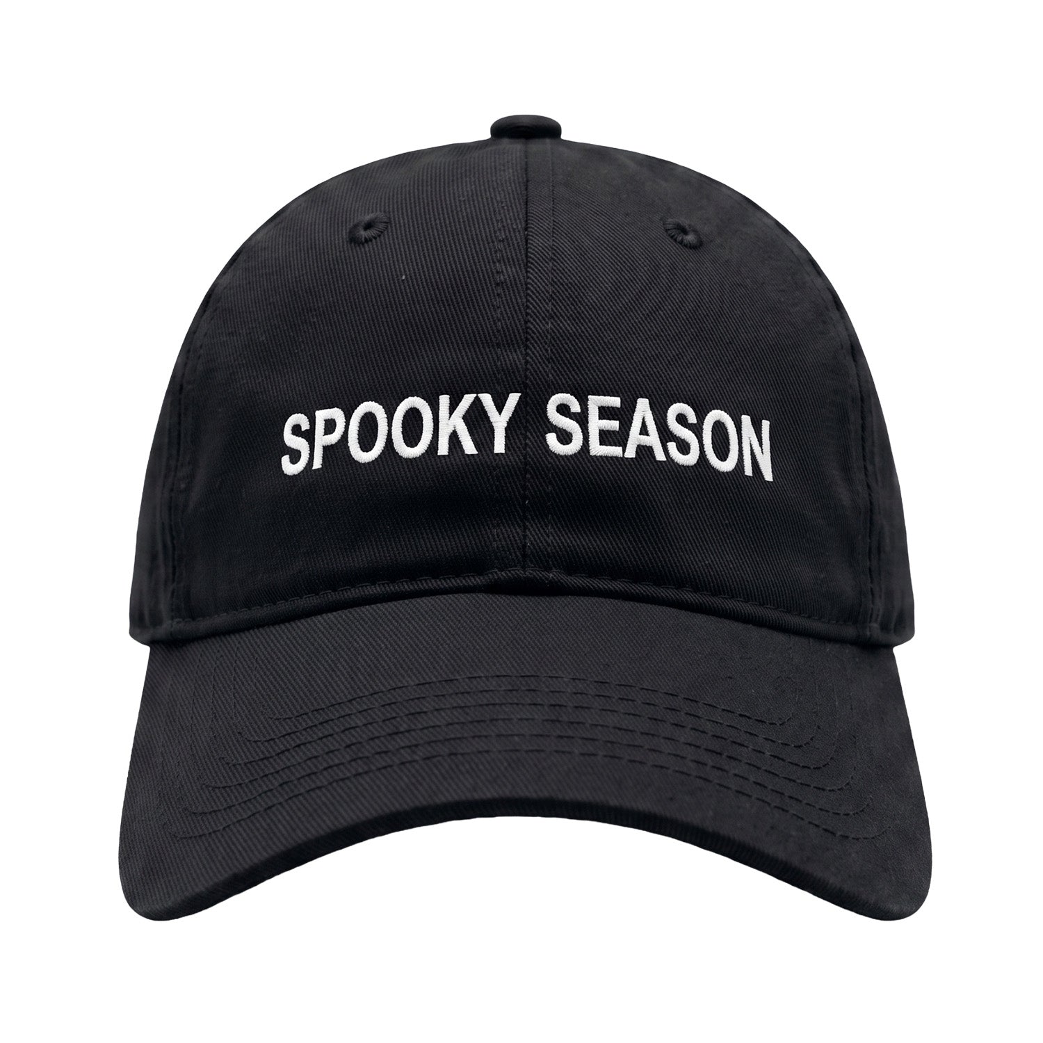 Embroidered black hat with "Spooky Season" on a white background