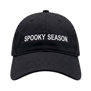 Embroidered black hat with "Spooky Season" on a white background