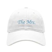 Embroidered white hat with "The Mrs." on a white background