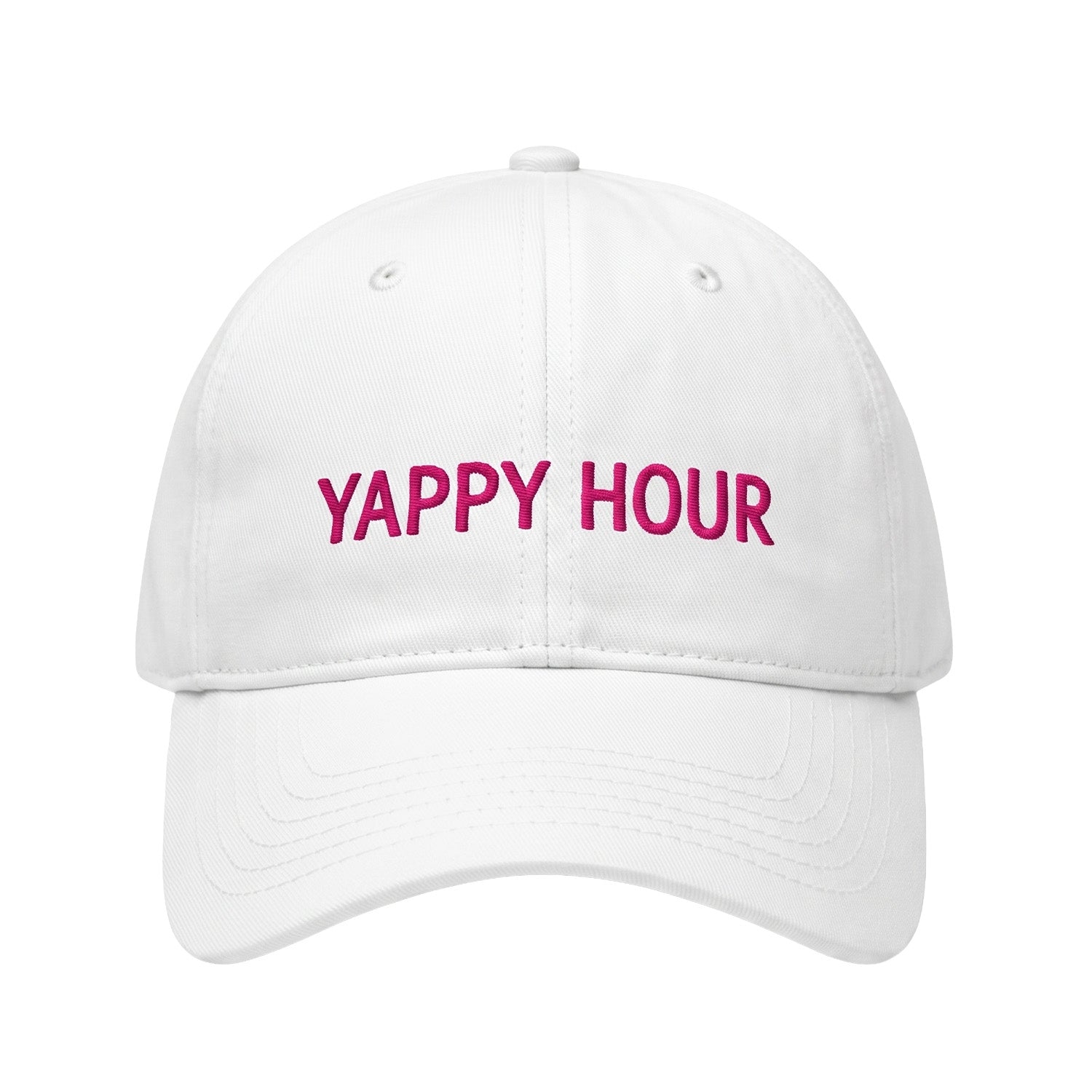 Embroidered white hat with "Yappy Hour" on a white background