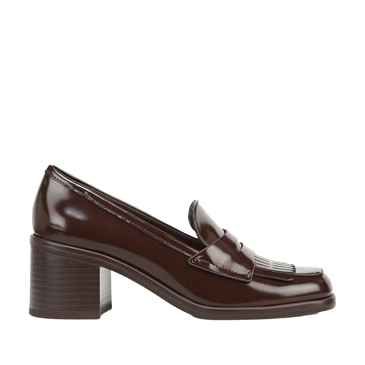 brown heeled loafer on a white background