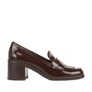 brown heeled loafer on a white background