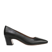 black leather square-toe block heel pump on a white background