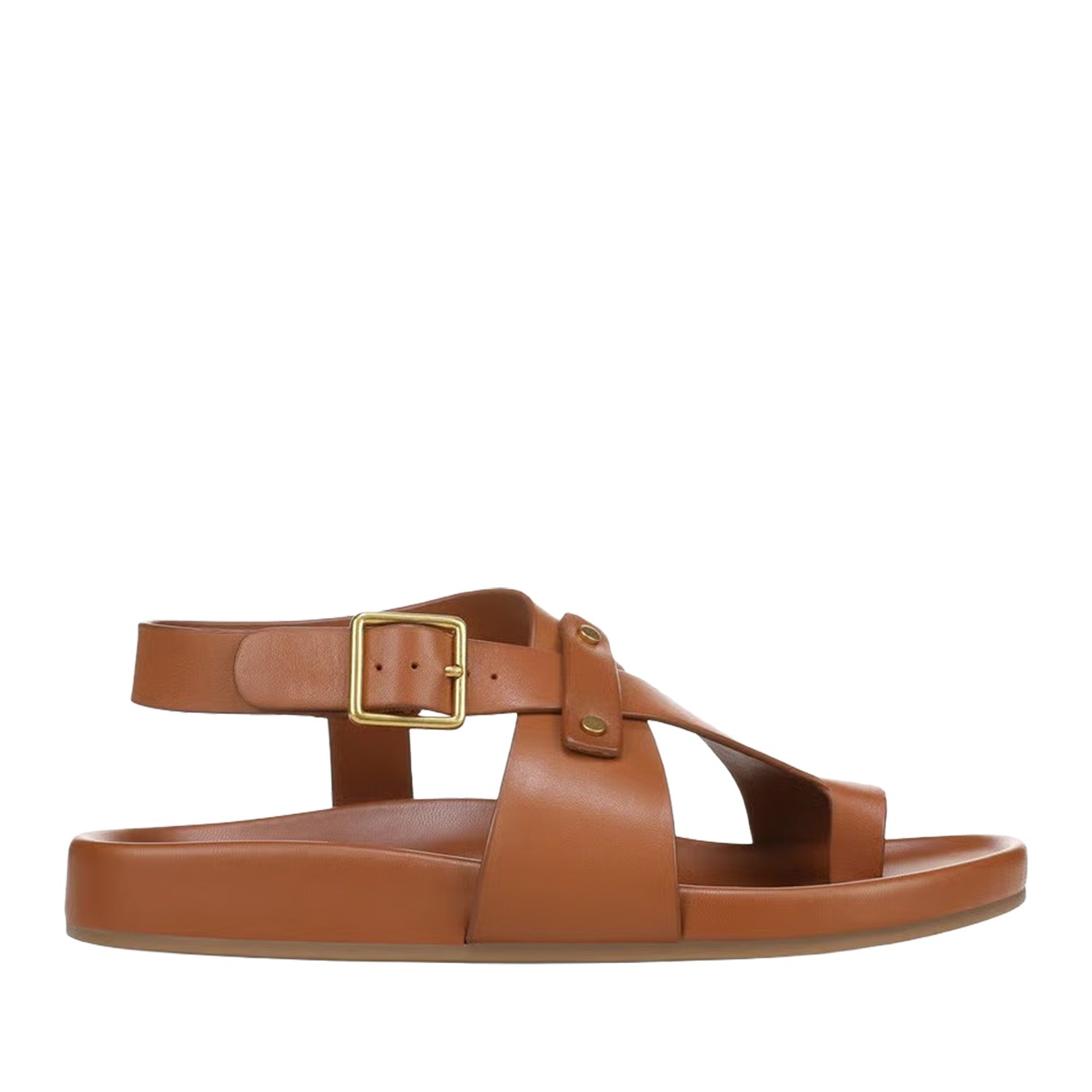 Black leather slingback sandal with toe ring on white background