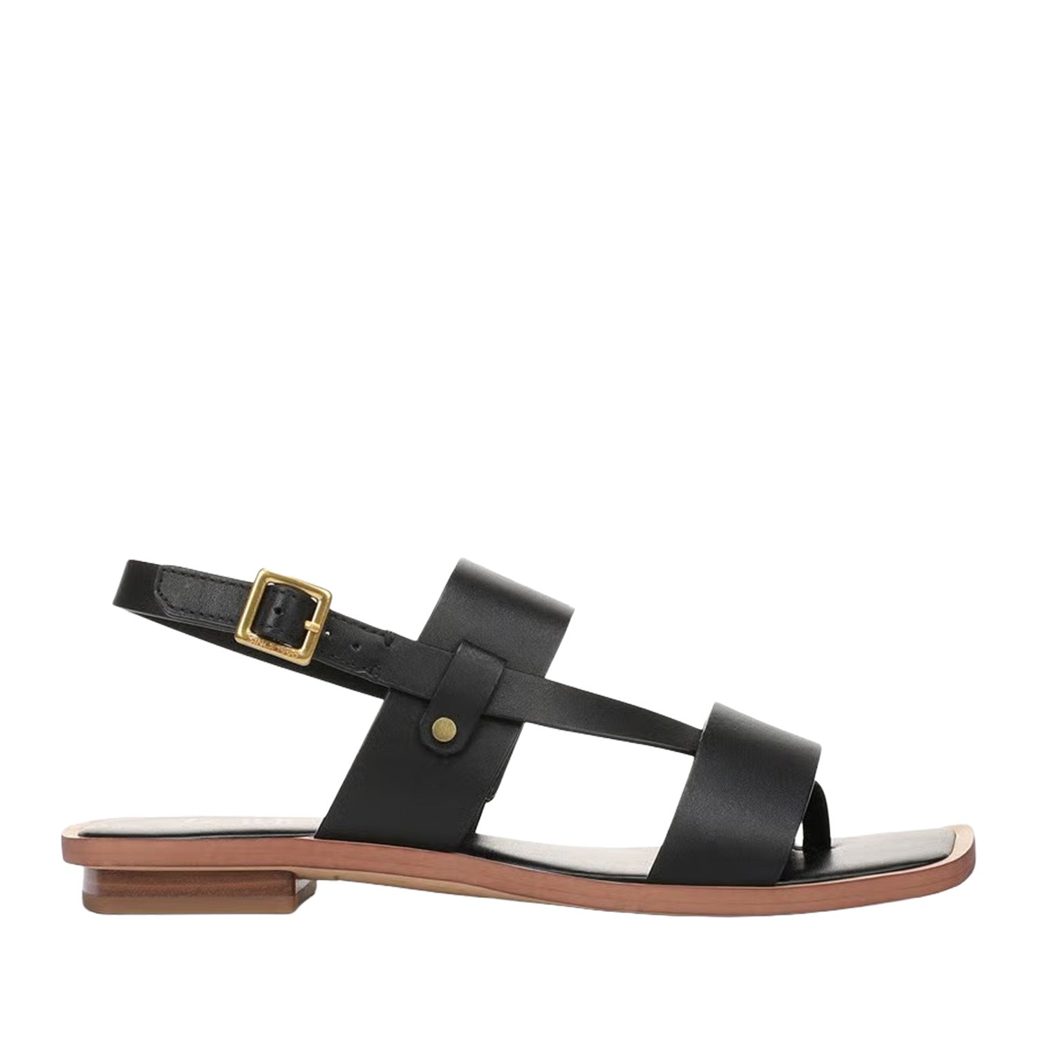 Black leather slingback sandal with a toe post on a white background