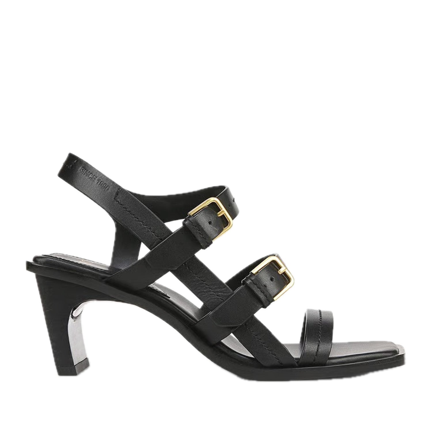 Black leather strappy buckle heeled sandal on white background 