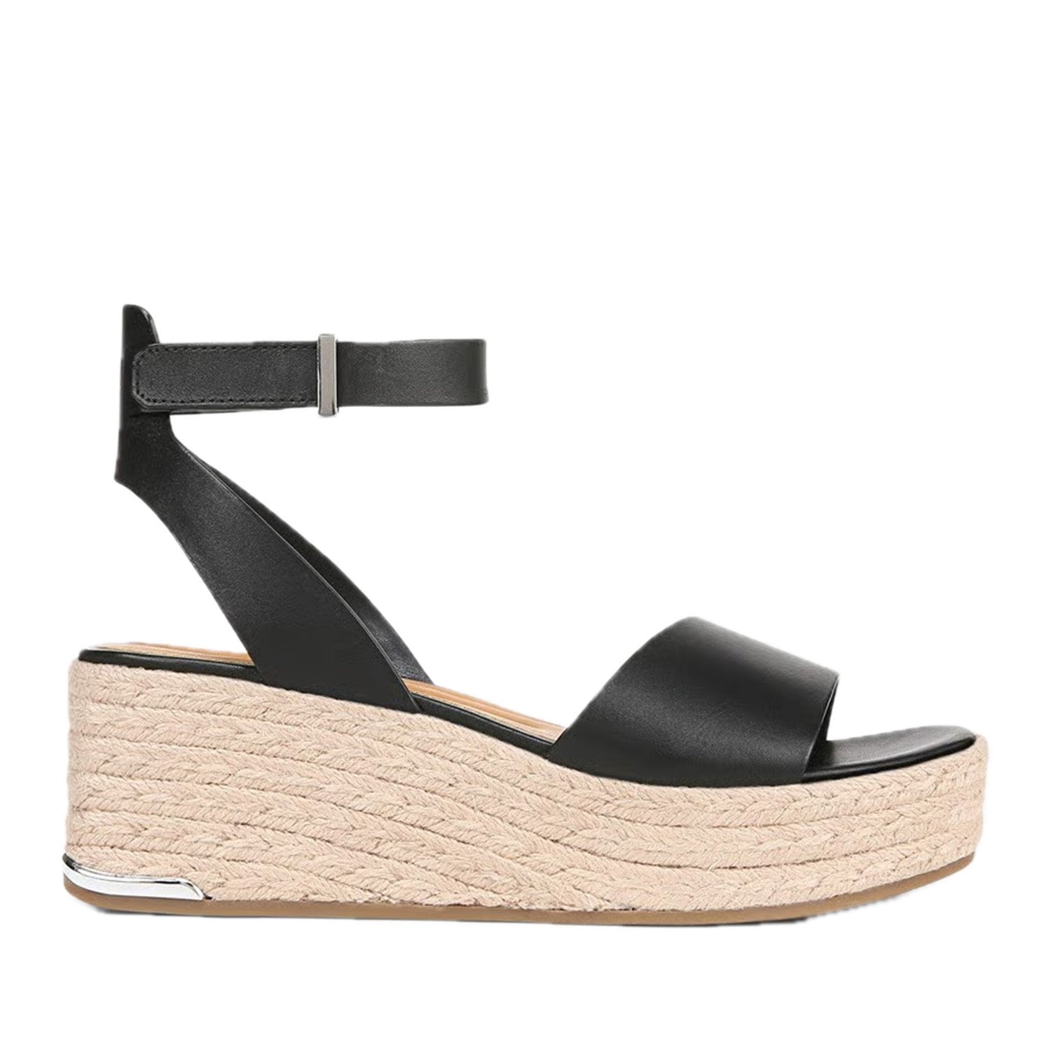 Black leather platform espadrille wedge sandal on white background