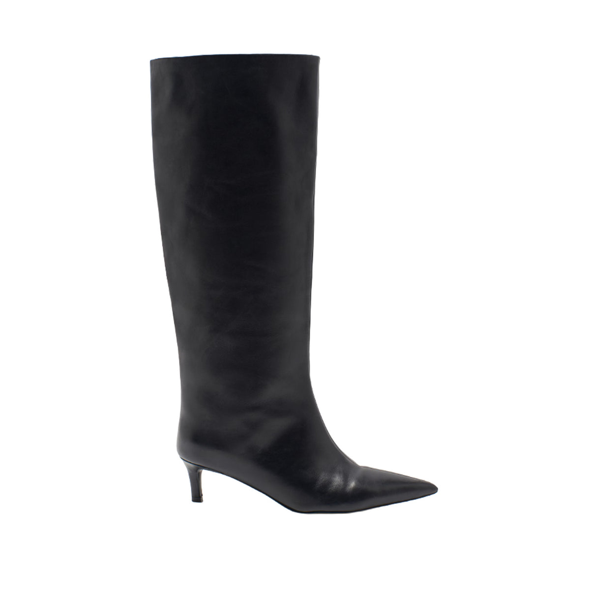 black leather knee high kitten heel ankle boot on a white background