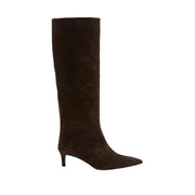 dark brown suede knee high kitten heel ankle boot on a white background