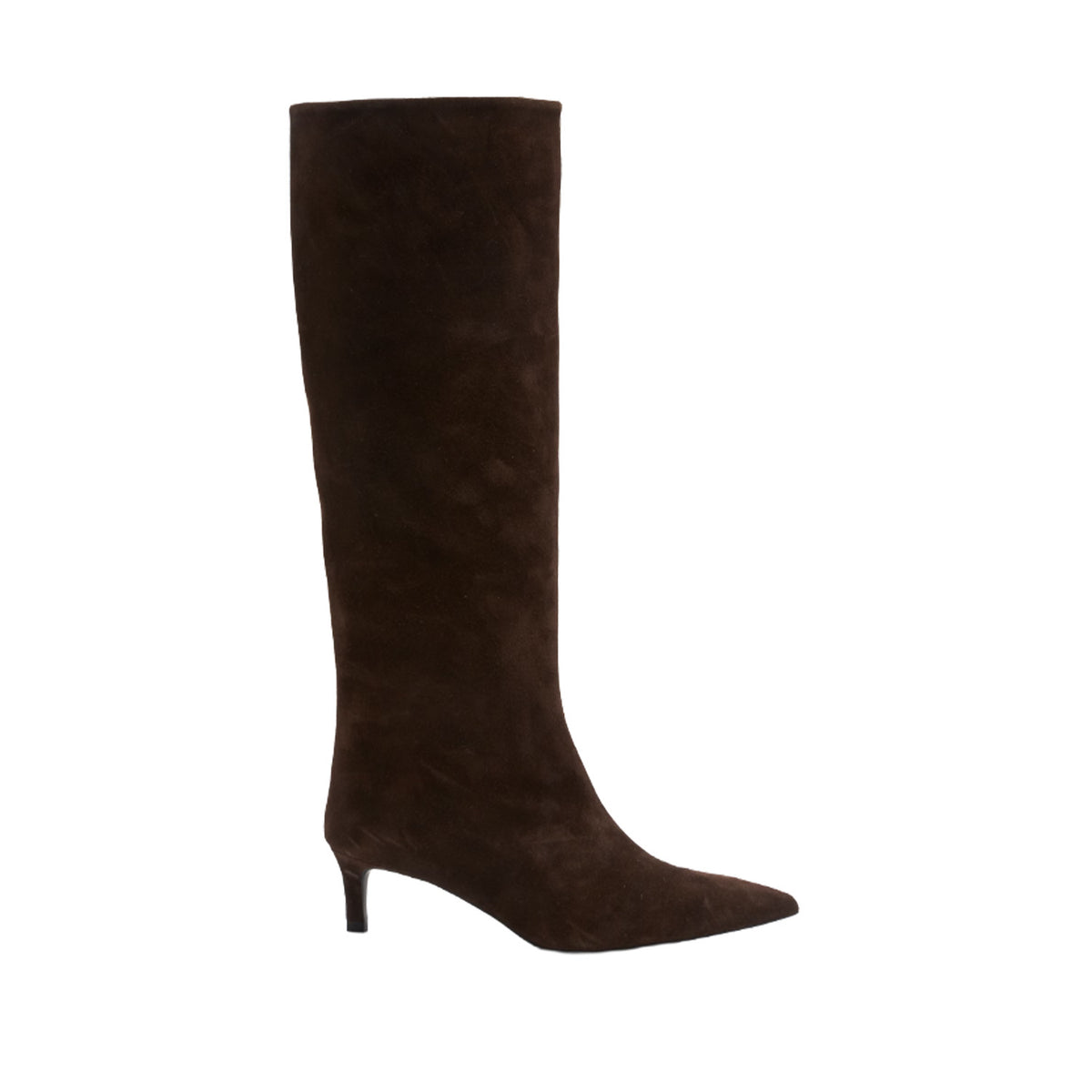dark brown suede knee high kitten heel ankle boot on a white background