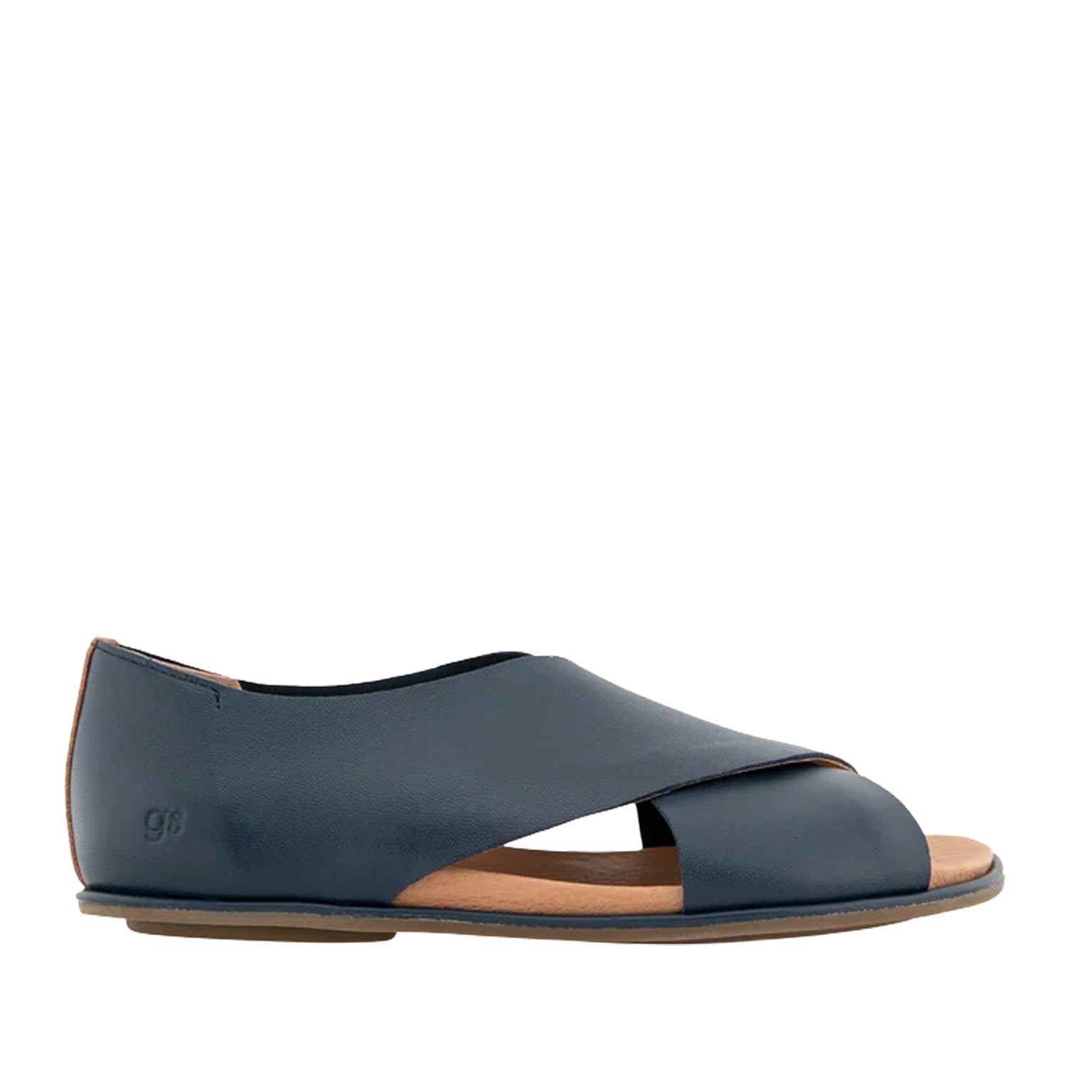 Navy blue leather flat sandal with a crossover strap and a peep-toe. 