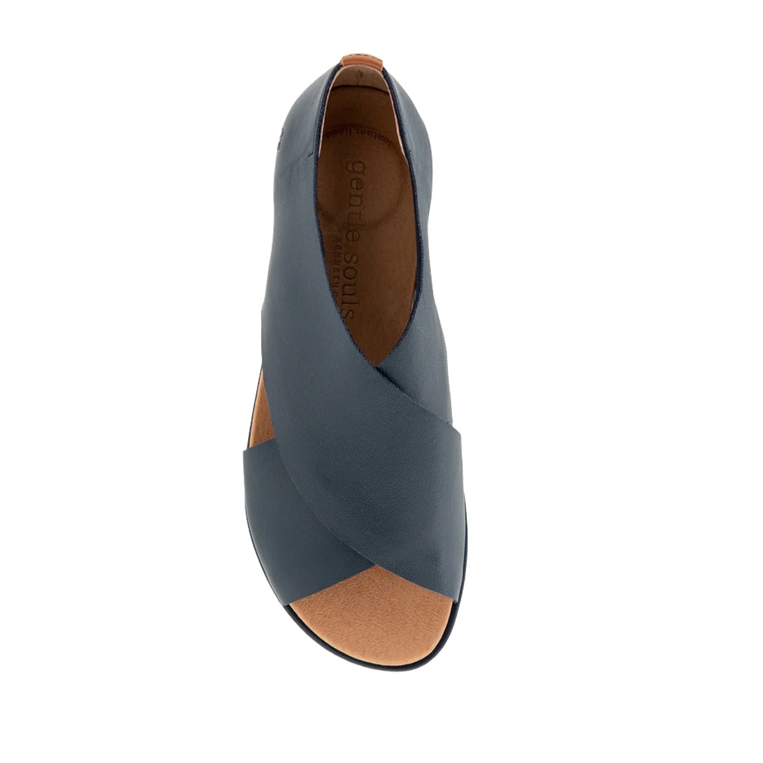 Navy blue leather flat sandal with a crossover strap and a peep-toe. 