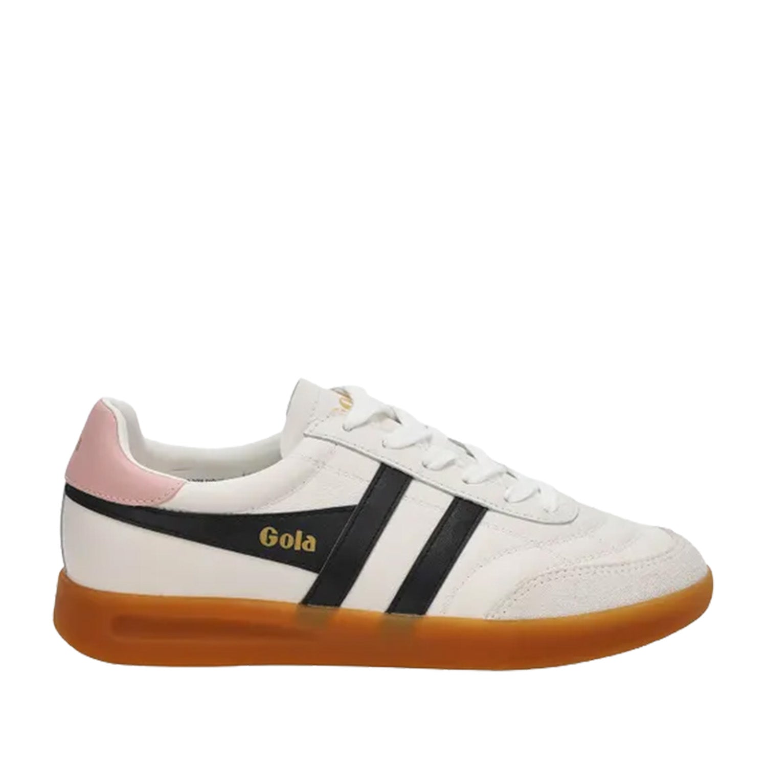 White sneaker with black stripes on white background