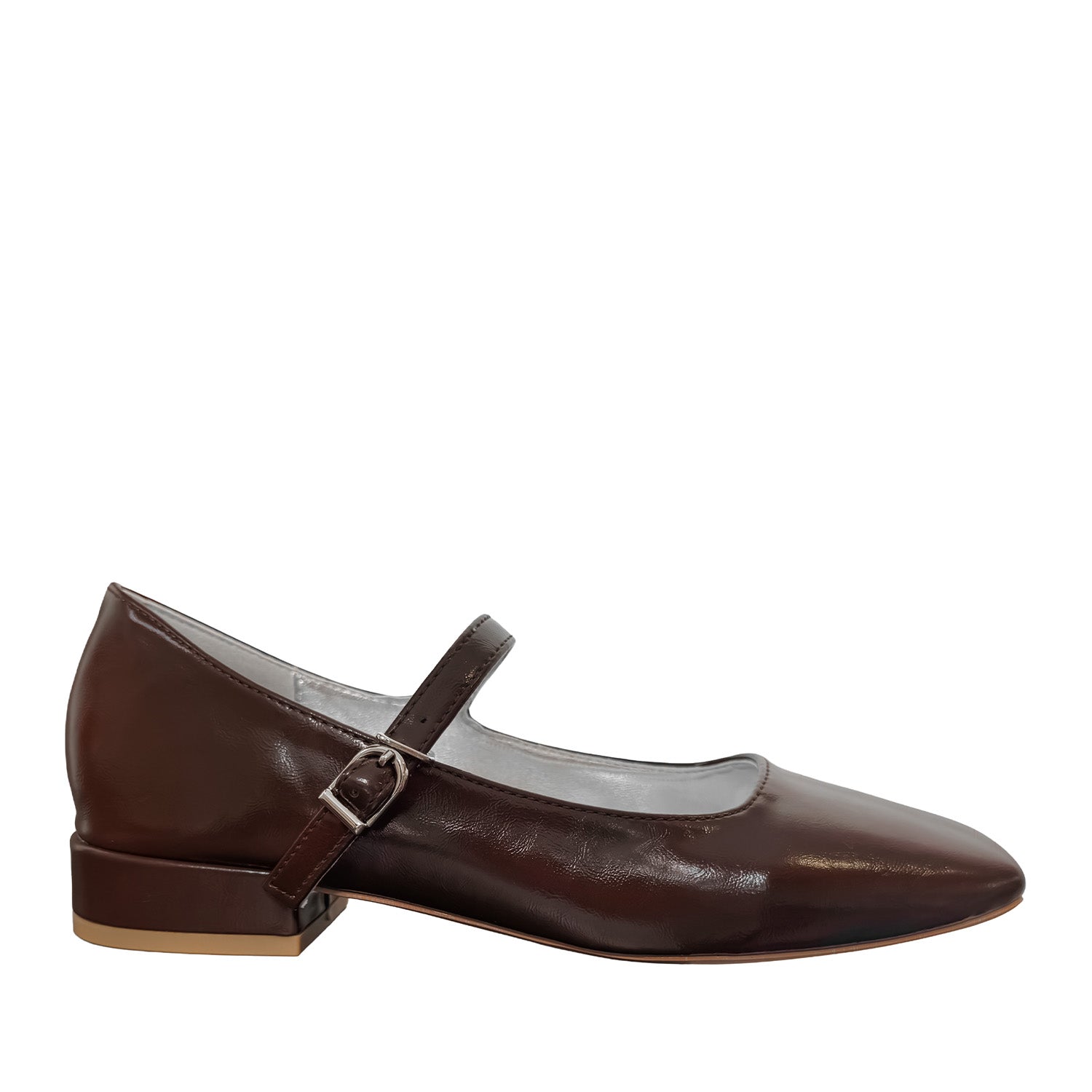 Brown mary-jane with a square toe, low heel, and adjustable strap on a white background. 