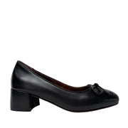 black leather block heel pump with bow detail on a white background