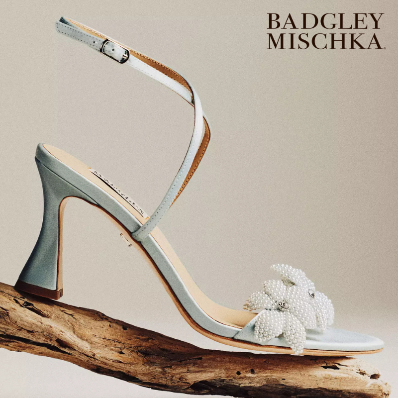 Light blue block heel sandal with pearl flower detail on log