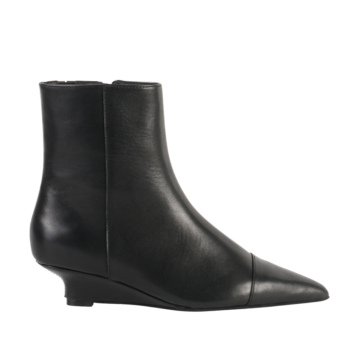 black pointed toe wedge ankle boot on a white background