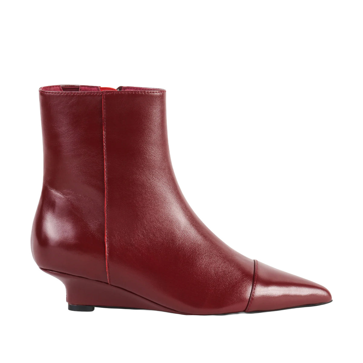 burgundy pointed toe wedge ankle boot on a white background