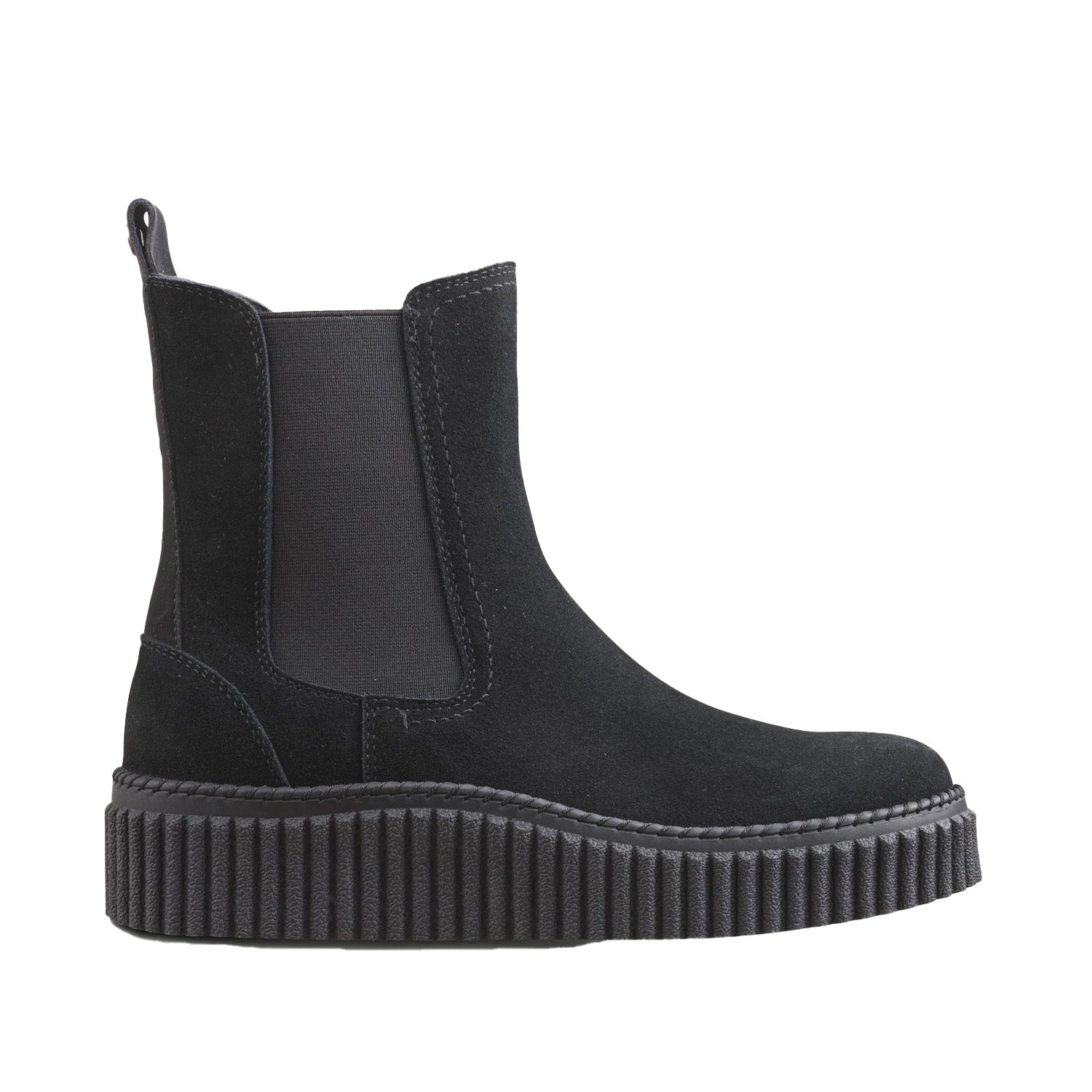 black suede chelsea boot on a white background