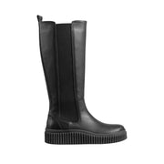 black knee-high leather chelsea boot on a white background