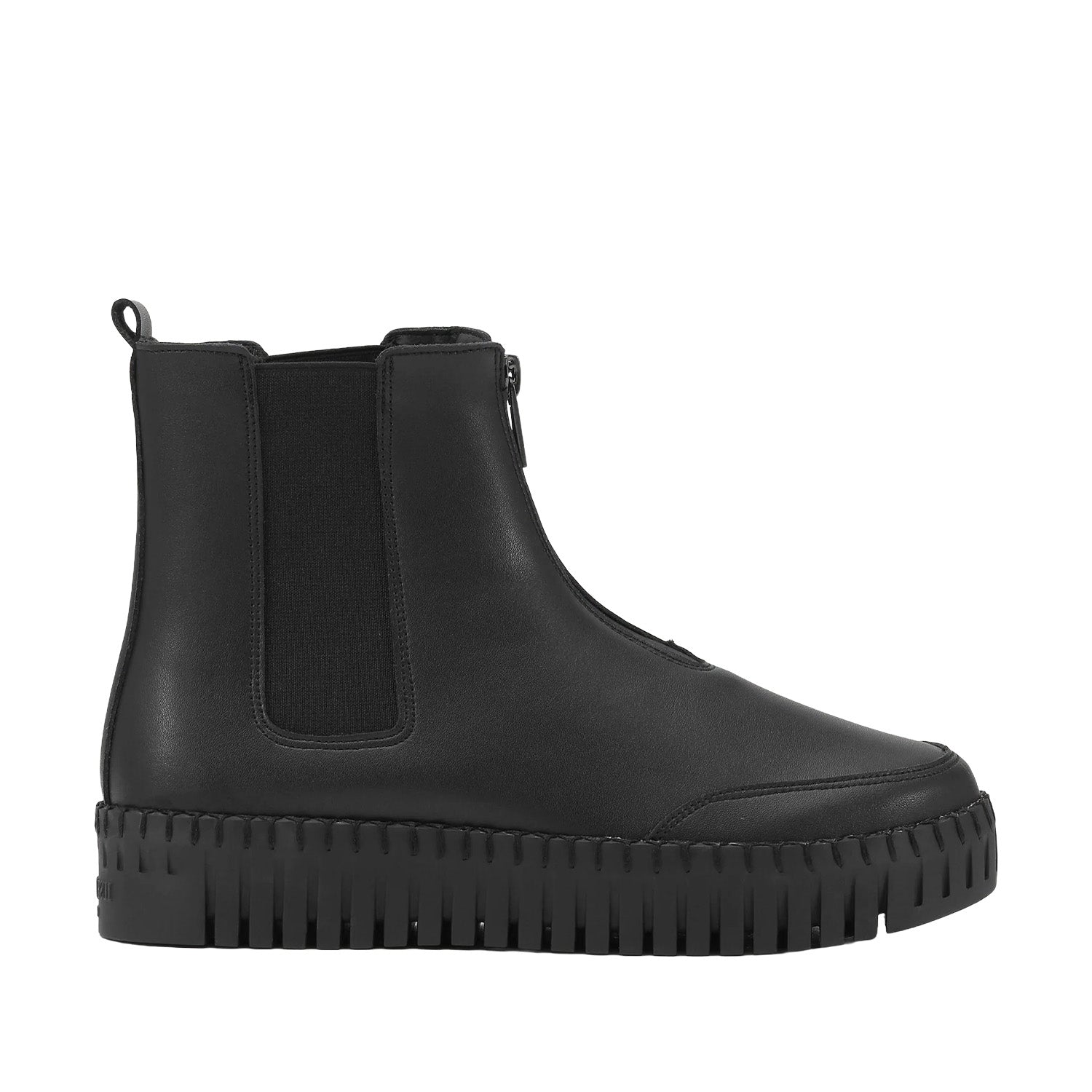 black leather zipper ankle boot on a white background