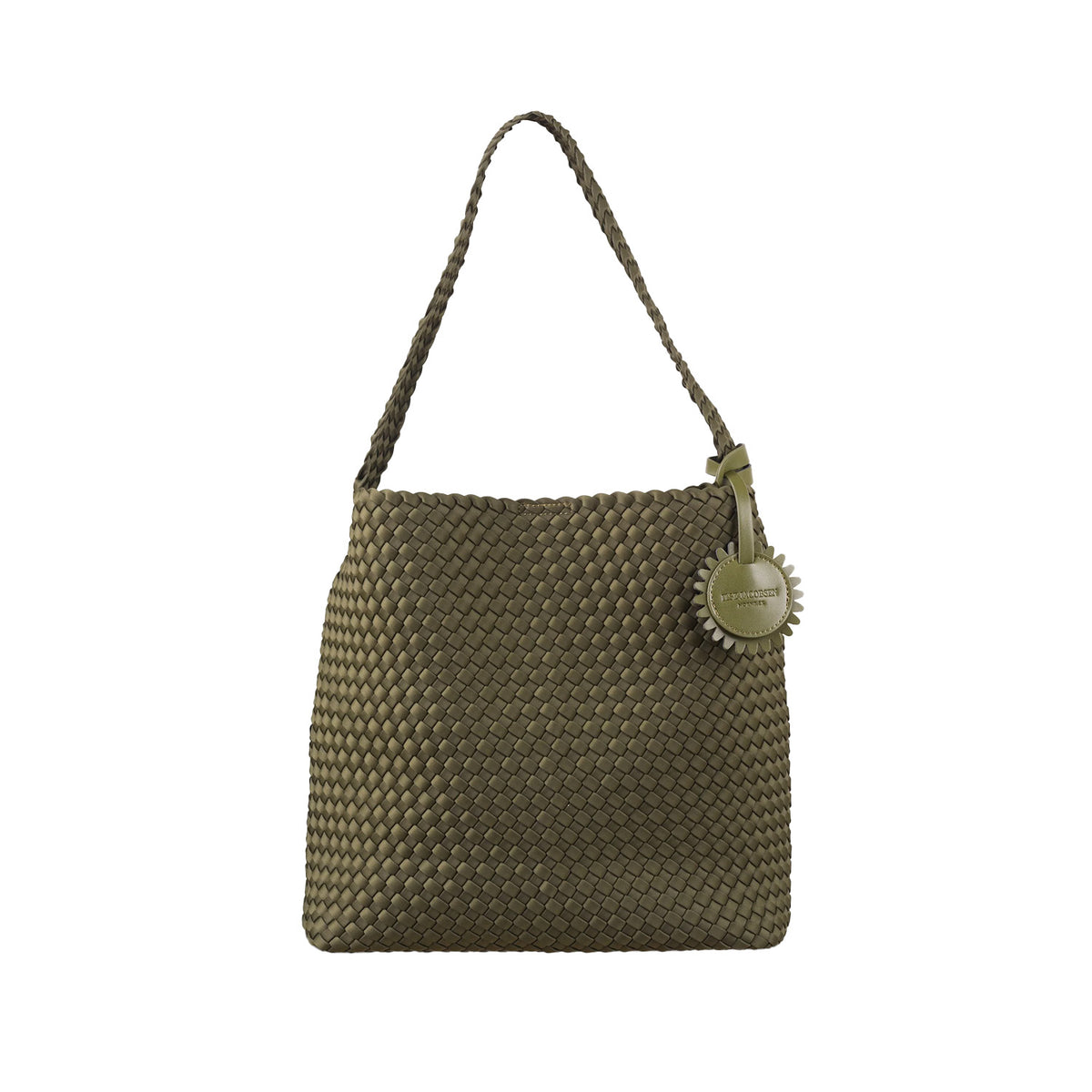 green woven tote bag on a white background
