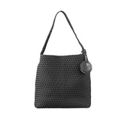 black woven tote bag on a white background