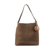 brown woven tote bag on a white background