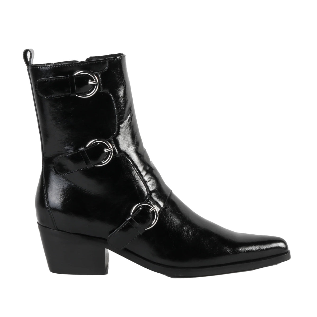 black patent western buckle boot on a white background