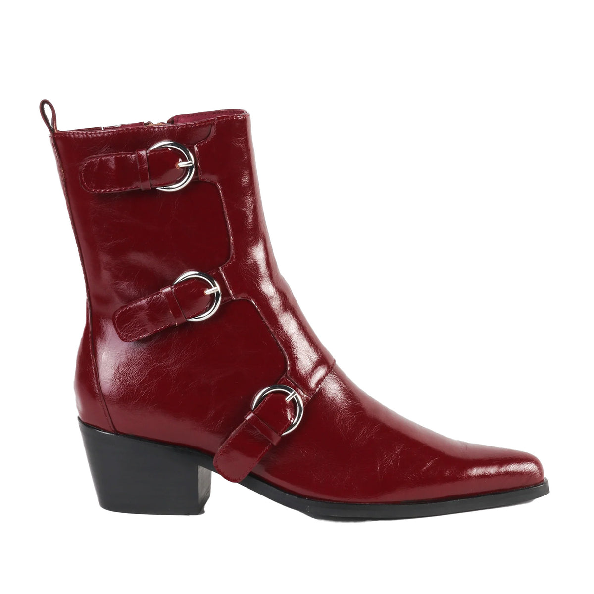 red patent western buckle boot on a white background
