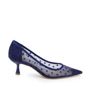 navy polka dot mesh heel on a white background