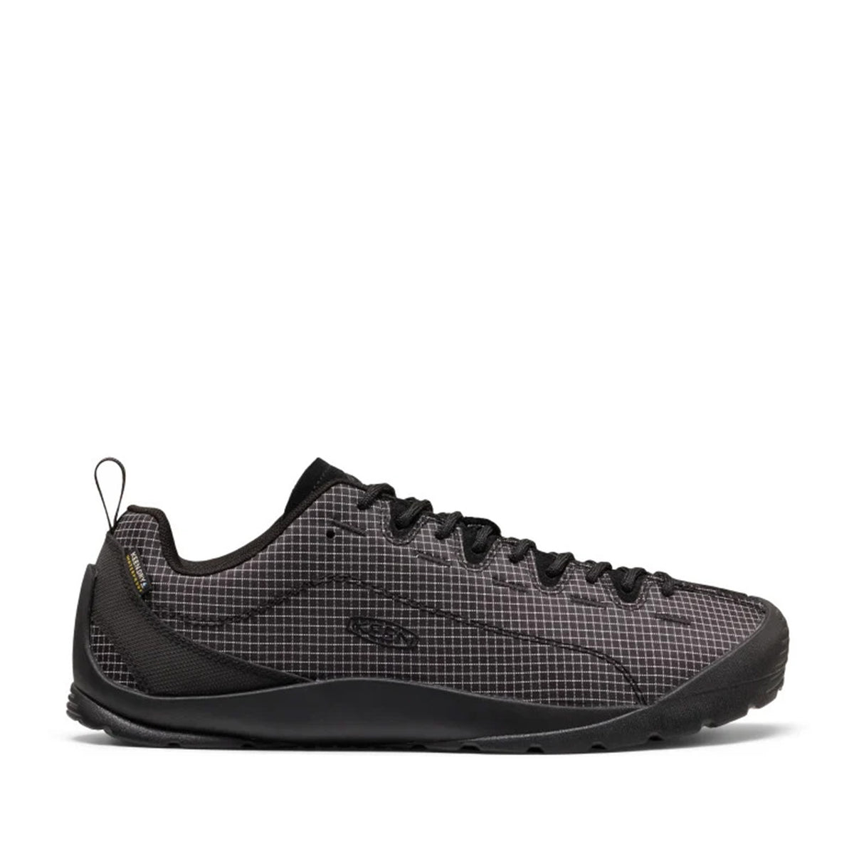 black grid-pattern nylon hiking sneaker on a white background