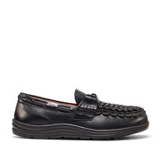 black leather lug loafer with elastic straps on a white background
