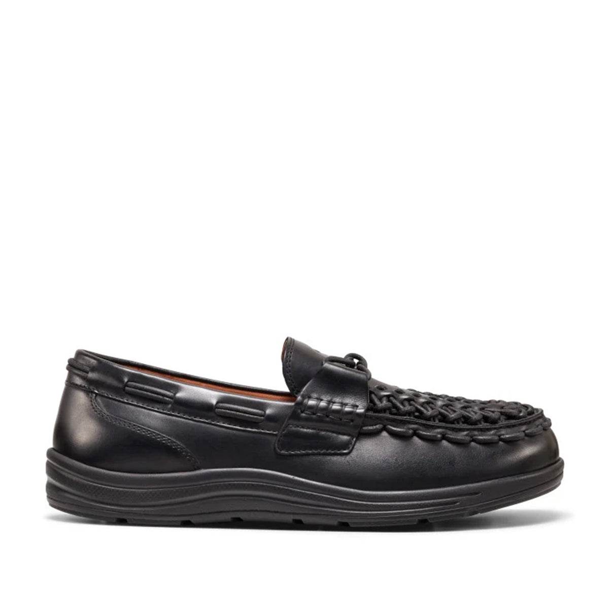 black leather lug loafer with elastic straps on a white background