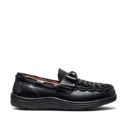 black leather lug loafer with elastic straps on a white background