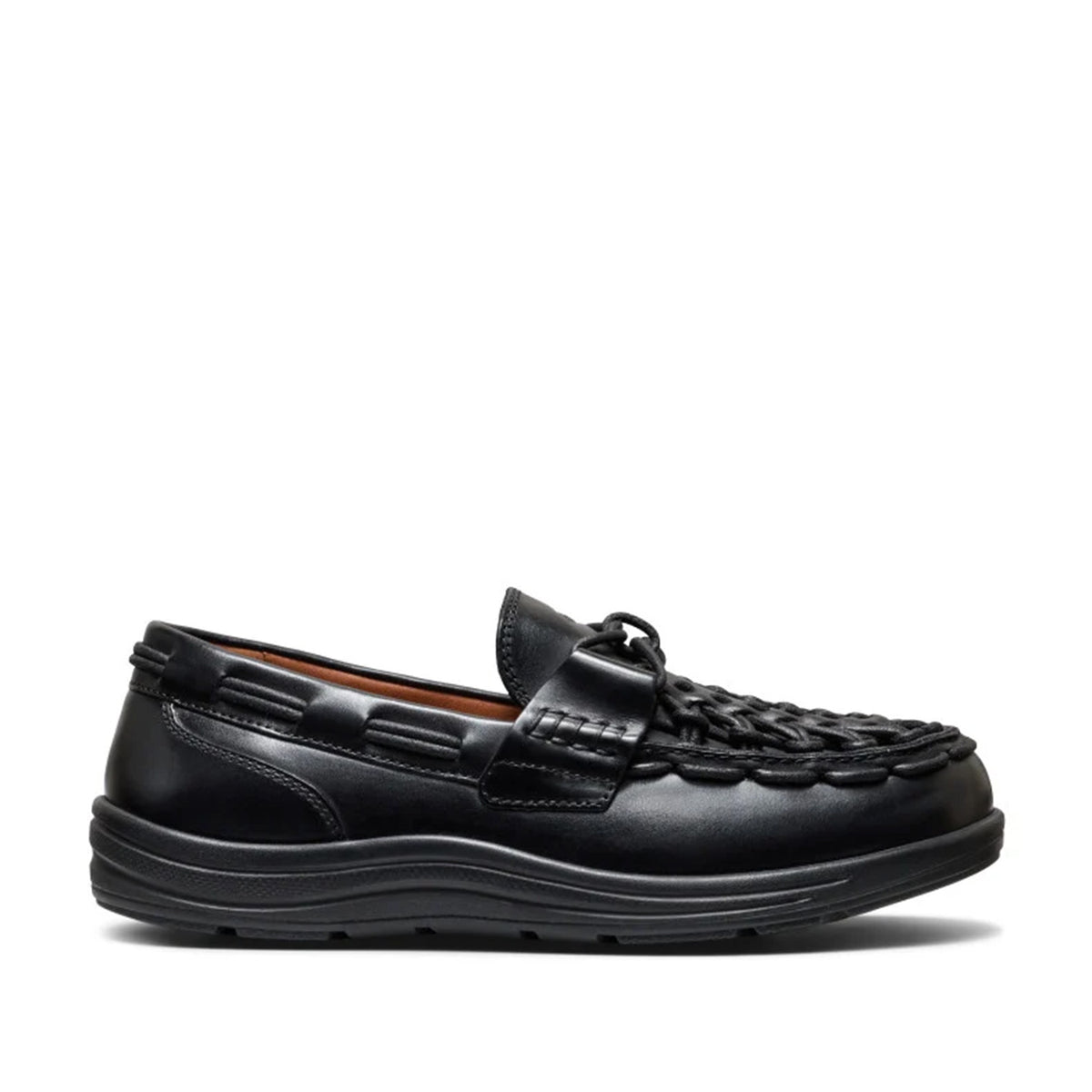 black leather lug loafer with elastic straps on a white background
