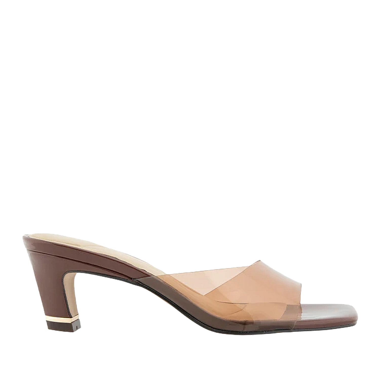 Brown slip-on kitten heel sandal with a see-through brown toe strap. 