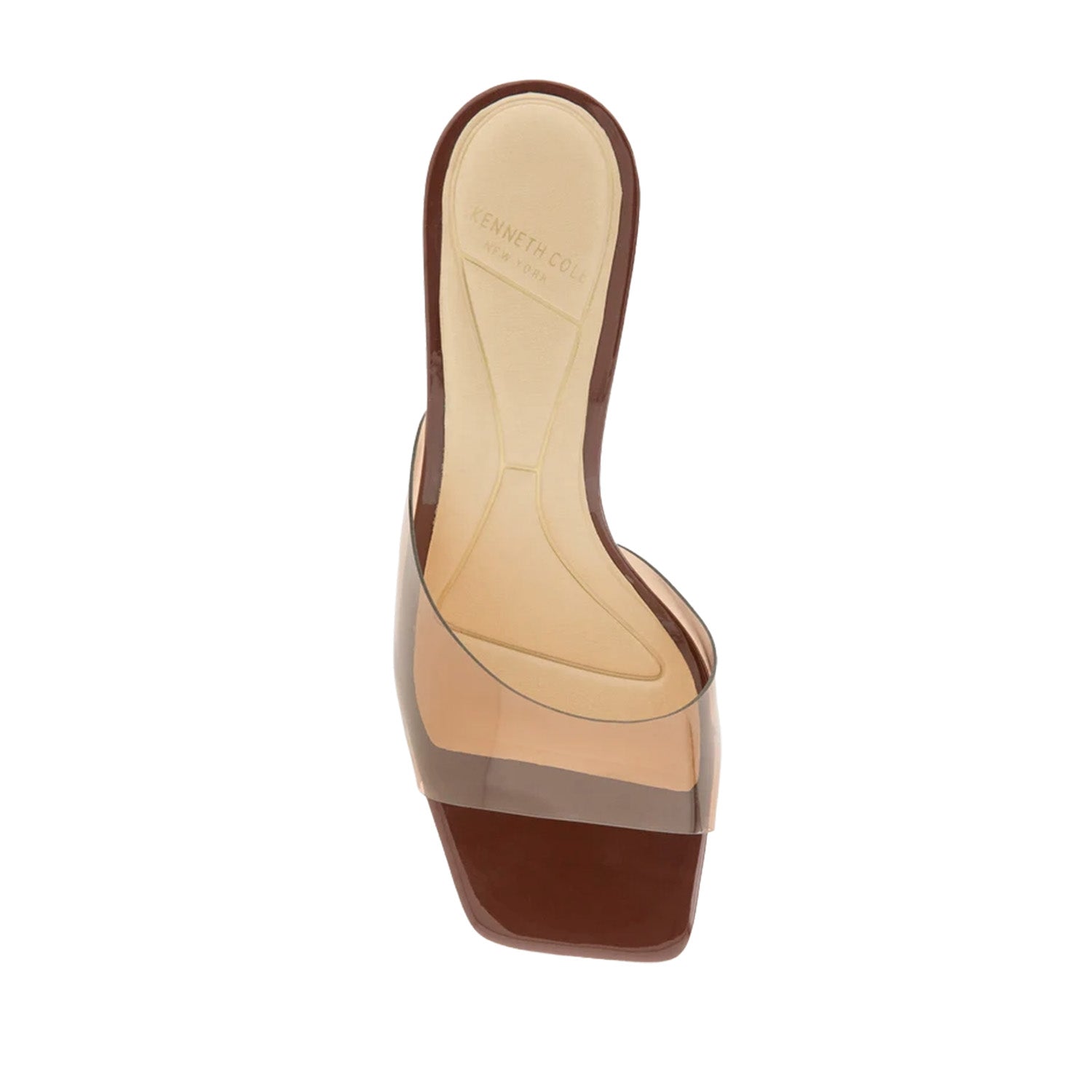 Brown slip-on kitten heel sandal with a see-through brown toe strap. 
