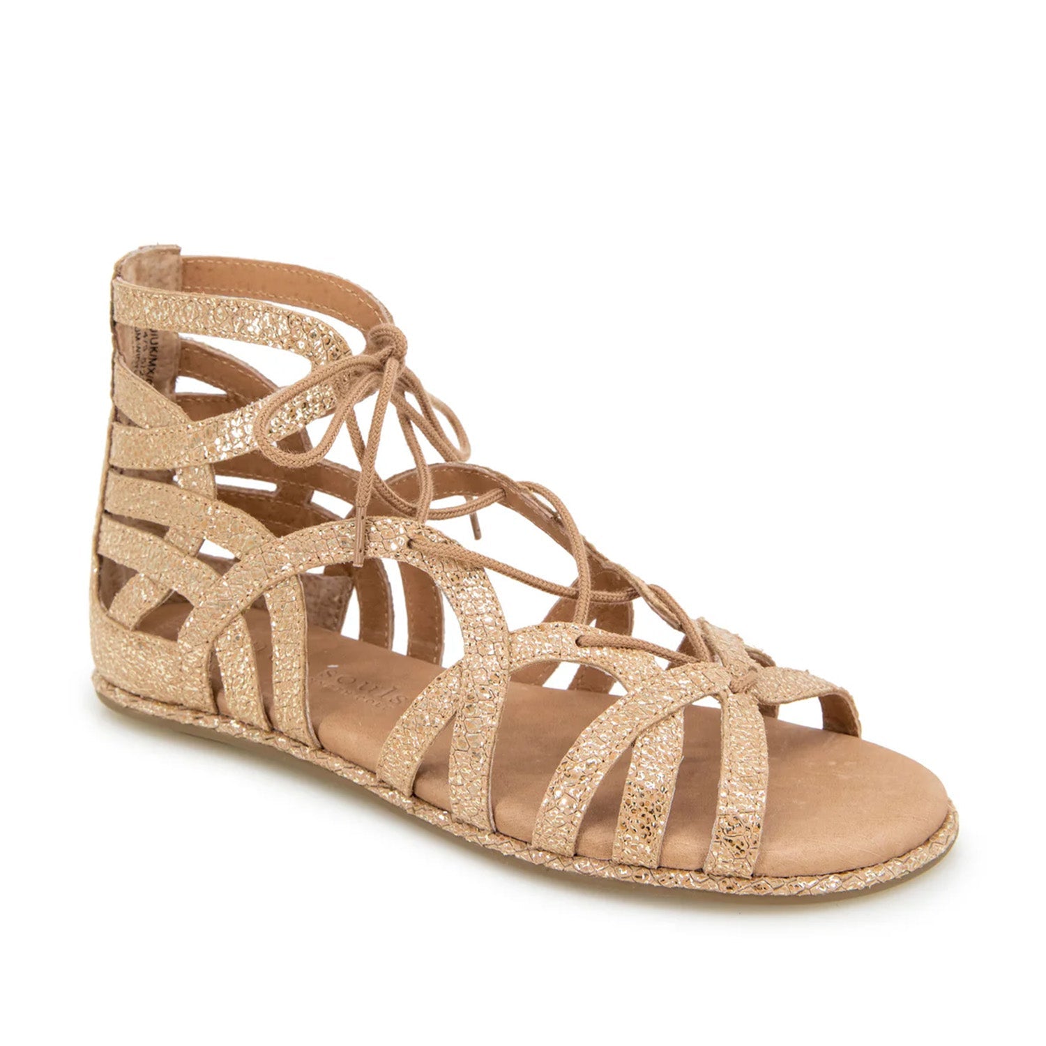 Gold speckled leather gladiator flat sandal with a lace-up detail. 