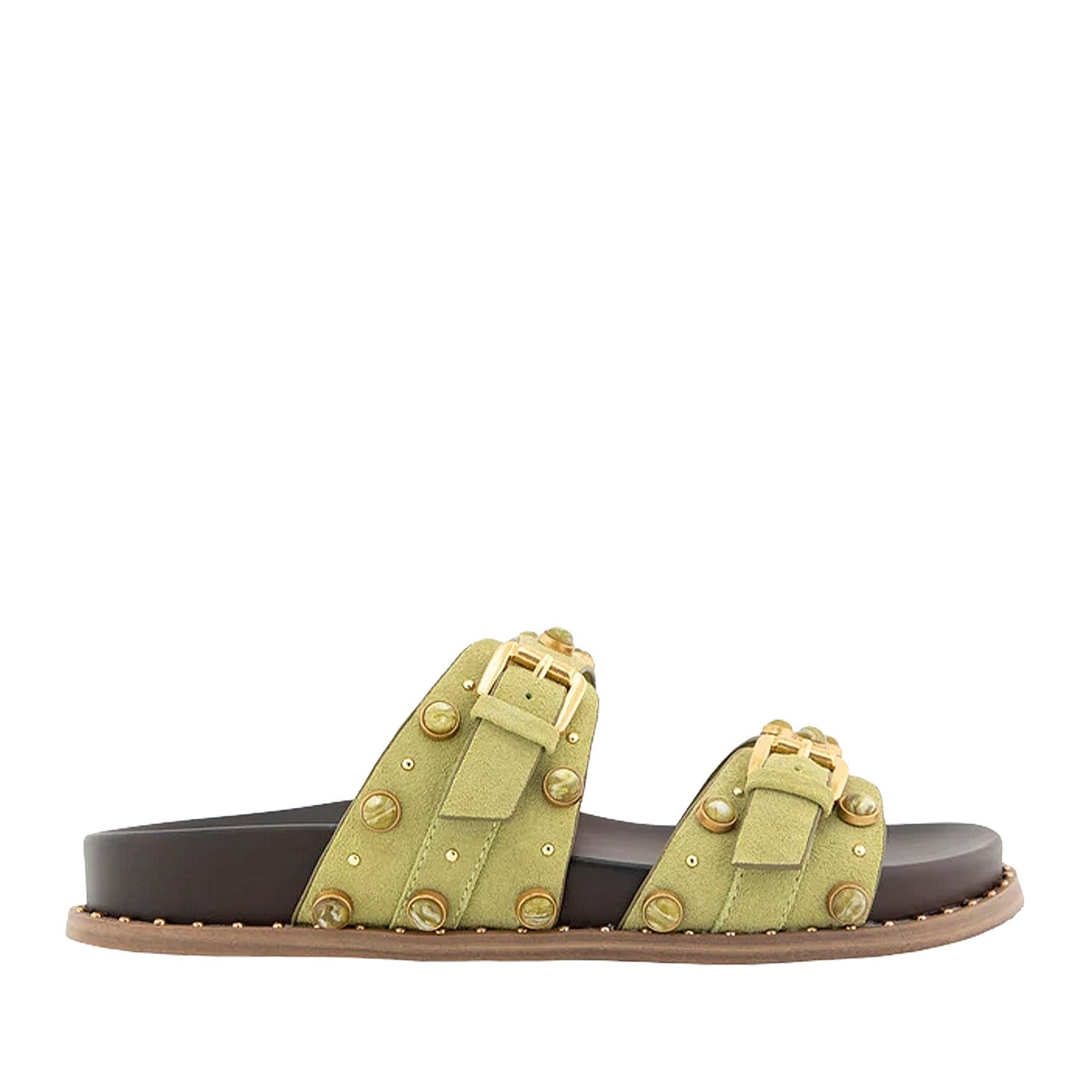 Matcha green slip-on slide sandal with double straps, gold buckles, and round embellishment studs. 