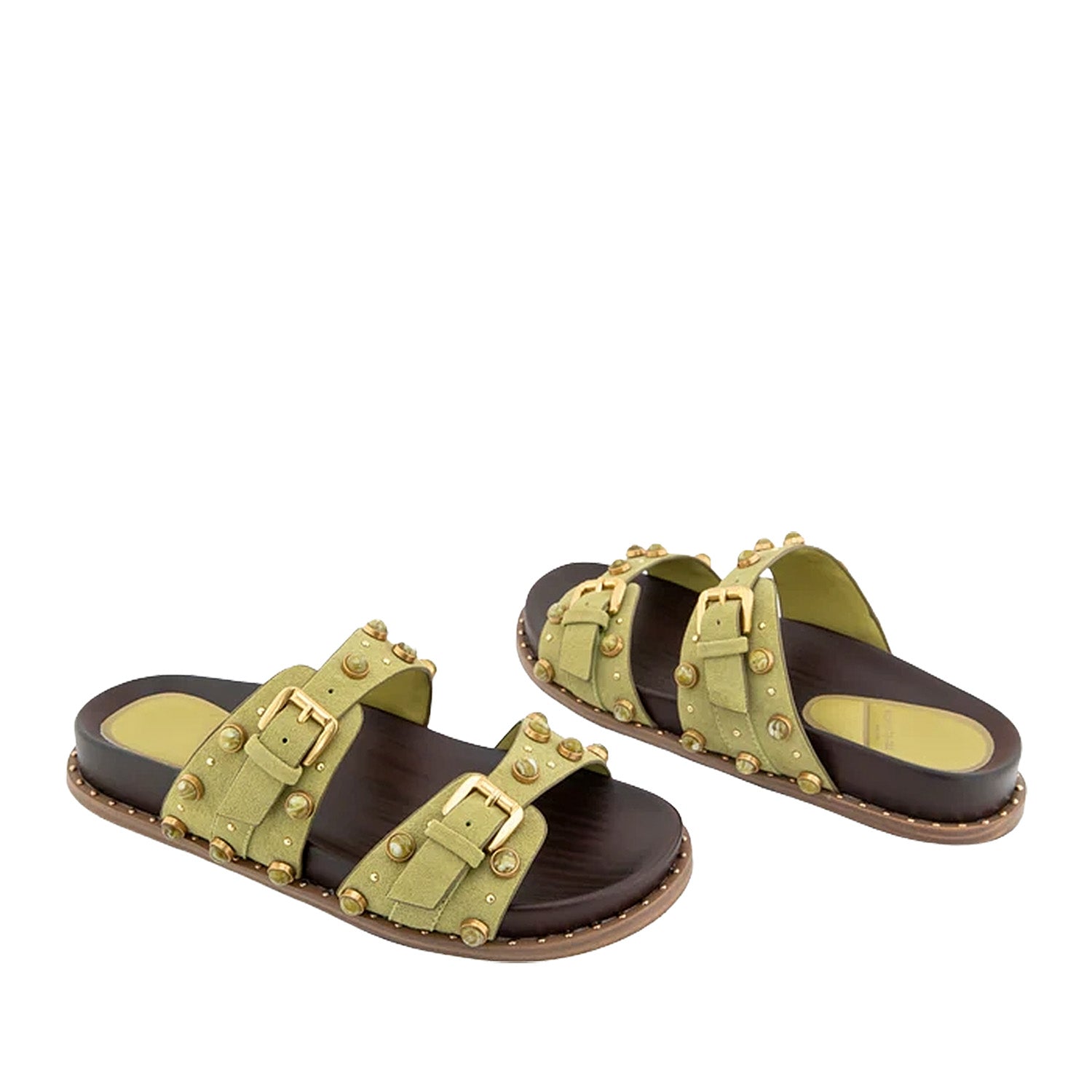 Matcha green slip-on slide sandal with double straps, gold buckles, and round embellishment studs. 